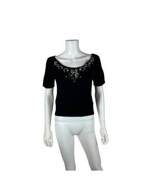 Vintage 80s Beaded Sweater Womens Small Black Sequin Scoop Neck Short Sleeve Top